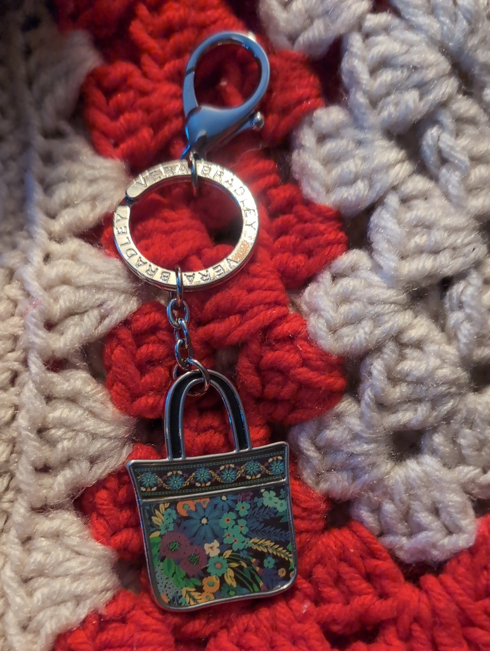 Vera Bradley tote bag charm, specifically featuring the "English Meadow" floral